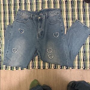 SHEIN Blue Heart Detail Straight Leg Jeans